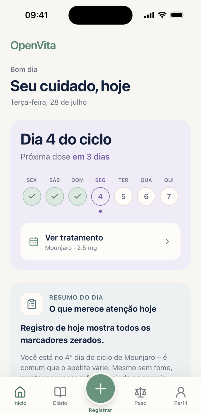 Tela inicial do OpenVita mostrando o dia do ciclo e o resumo do cuidado