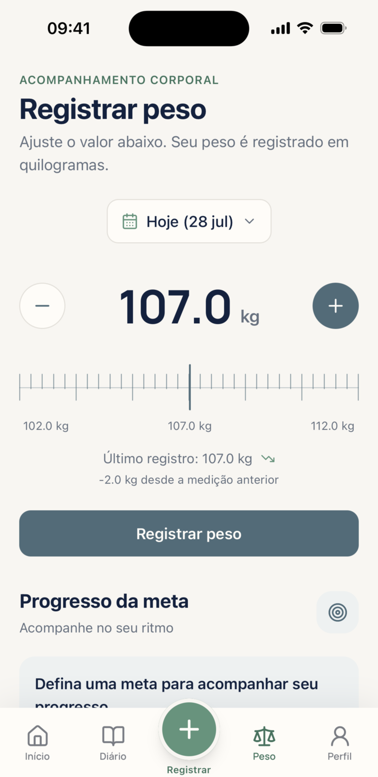 Tela de registro e acompanhamento do peso no OpenVita