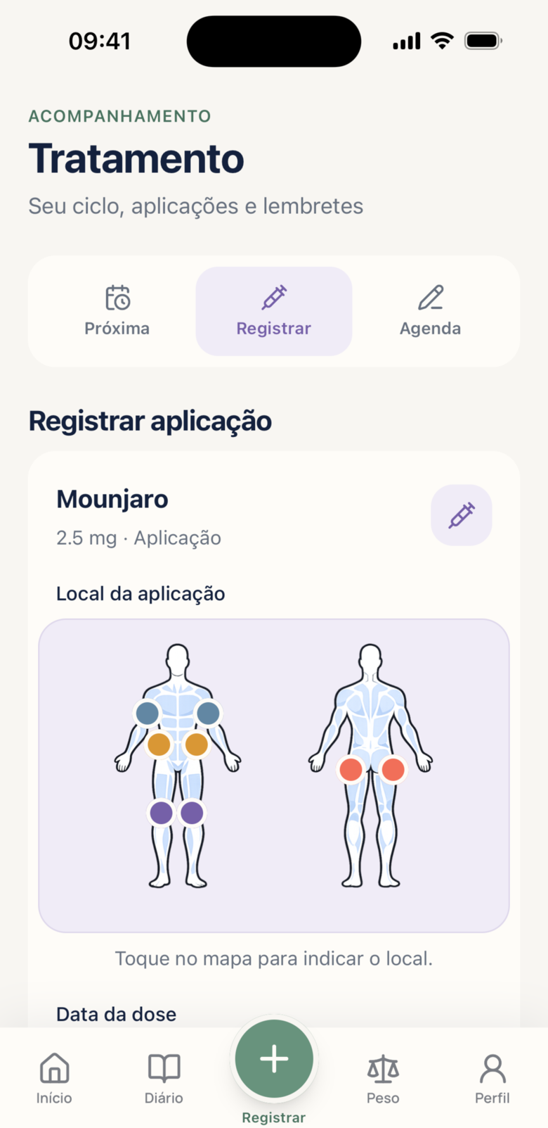 Tela de tratamento com próxima dose e registro de aplicação